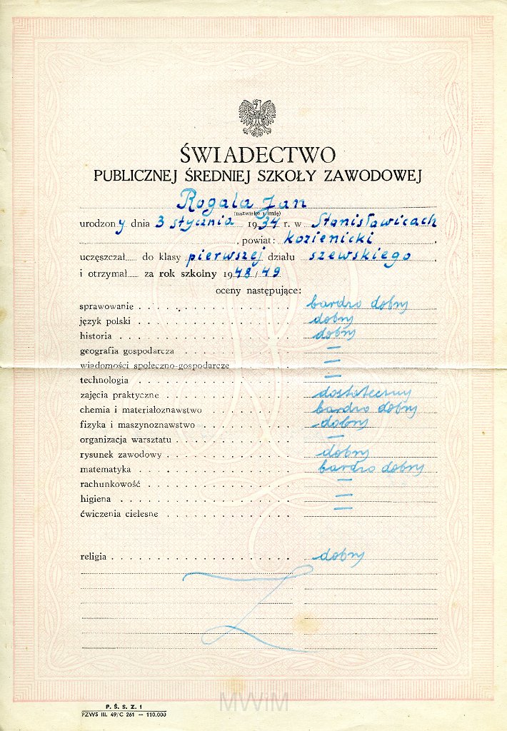 KKE 5853.jpg - Dok. Świadectwo szkolne wystawione przez Publiczną Średnią Szkołę Zawodową im. Skórnicza dla Jana Rogala, Młociny, 25 VI 1949 r.